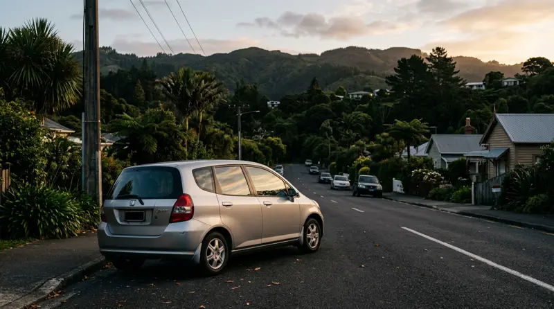 A silver hatchback parked on a leafy Auckland street at sunset